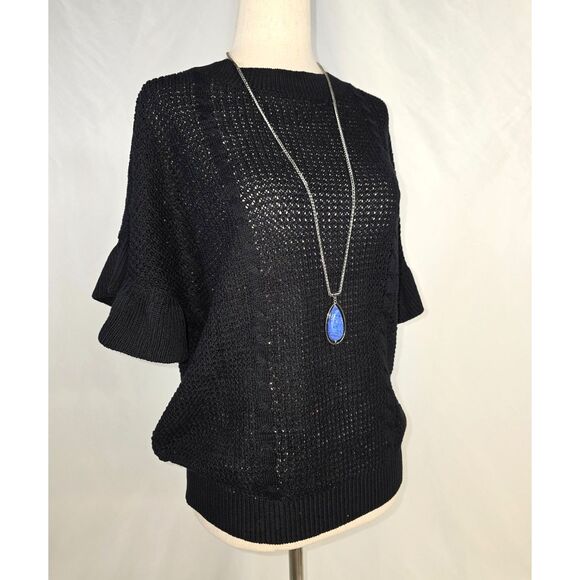 Women's Black Knit Ruffle Sleeve Sweater Size Medium - Picture 2 of 9